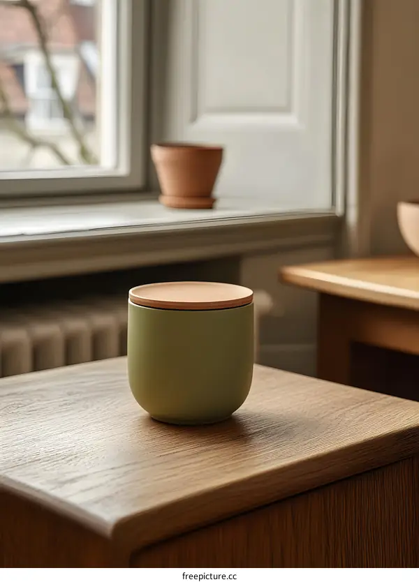 Green Ceramic Jar with Wooden Lid on Wooden Table