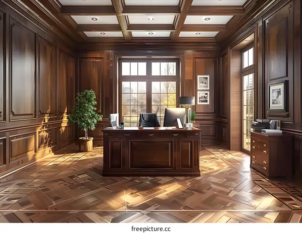 Luxury wooden office interior with large windows and parquet floor