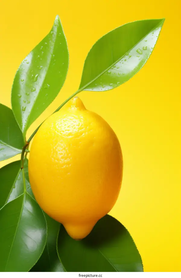Fresh Lemon on a Branch with Green Leaves