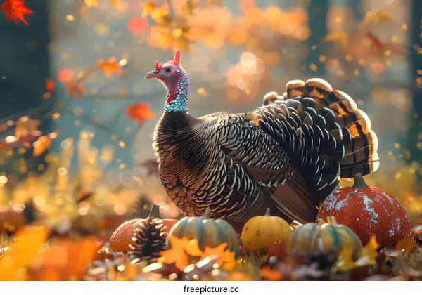 A Thanksgiving turkey surrounded by pumpkins and fall leaves