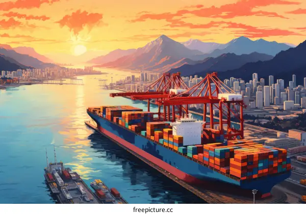 Enormous cargo container ship moored at an active port with a picturesque sunset in the distance
