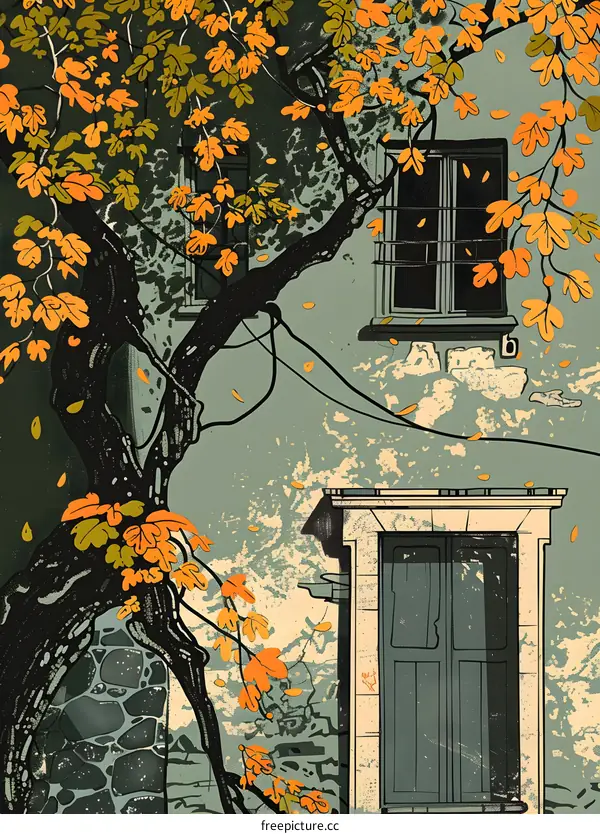 Autumn Leaves Falling on an Old Building