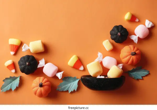 Halloween Candy Arrangement on Orange Background