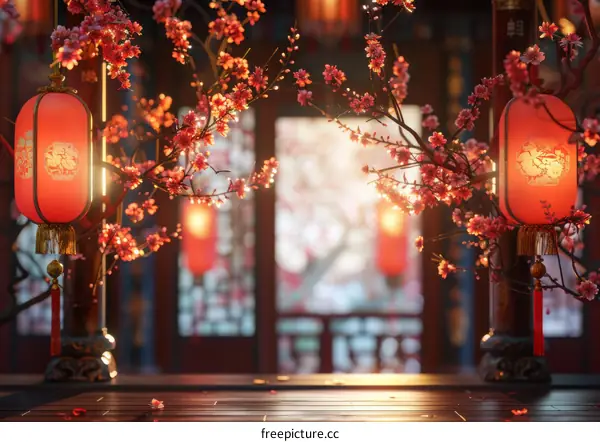 Chinese Architecture with Peach Blossom and Red Lanterns