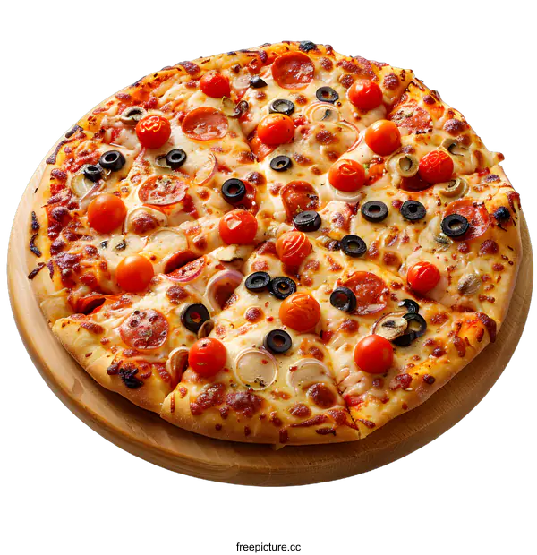 [Transparent Background PNG]Pizza with pepperoni, olives, cherry tomatoes and mozzarella cheese