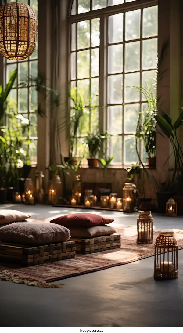 A cozy living room with a lot of plants and pillows