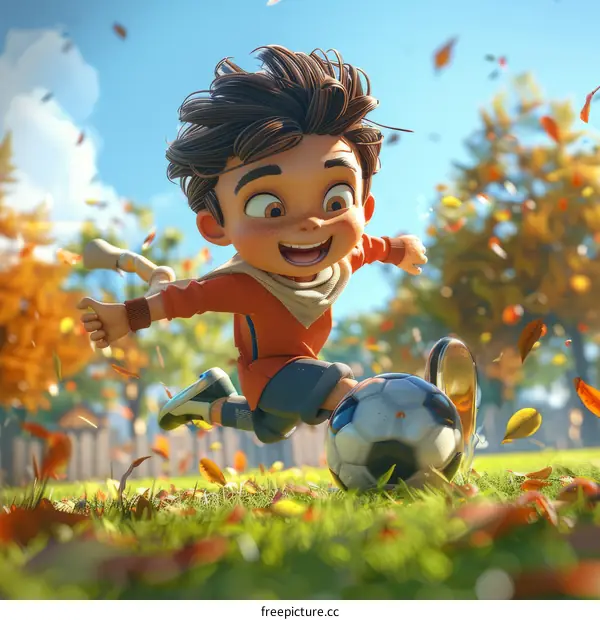 A young boy is playing soccer in a field