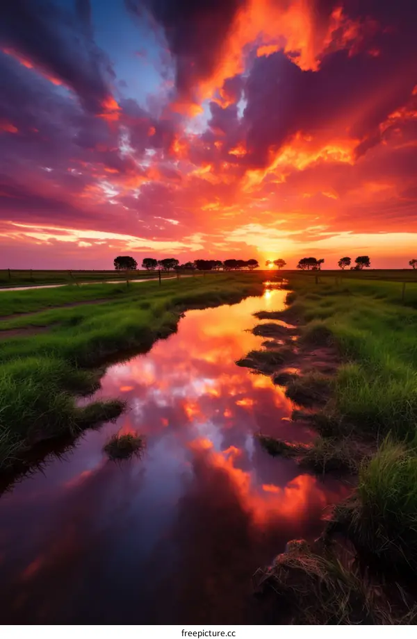 A vivid sunset over a rural pasture with a creek flowing through it