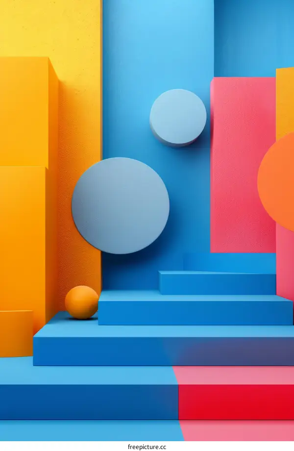 3D geometric shapes composition with podium and floating spheres