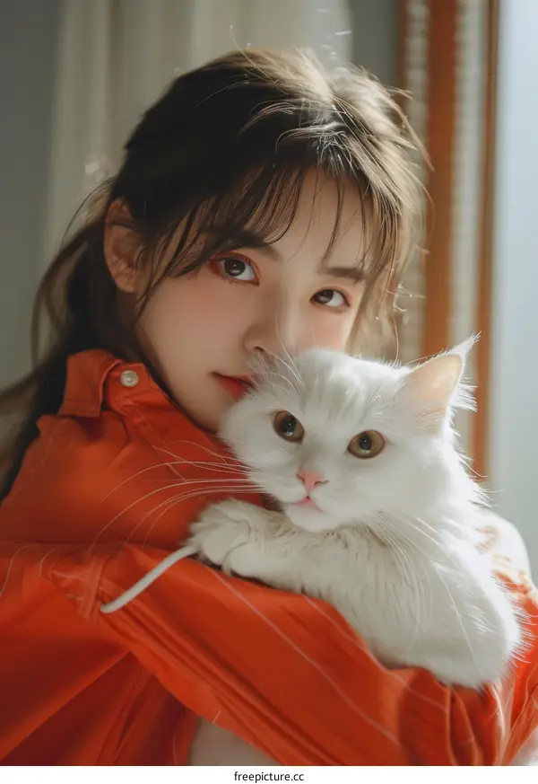 A young woman is hugging a white cat