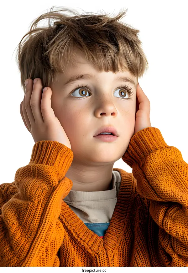Little boy looking up with hands on head