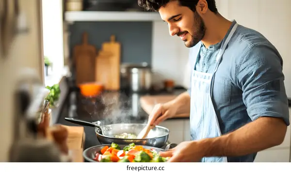 Man Cooking Healthy Food in Kitchen