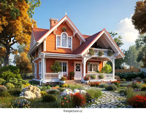 Small house with orange walls and a red roof surrounded by trees and flowers
