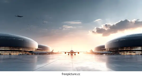 Modern Airport Sunrise Scenery with Aircraft