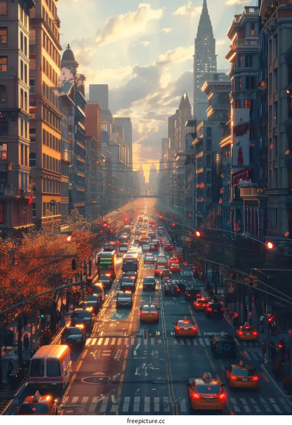 Busy City Street at Sunset Illustration