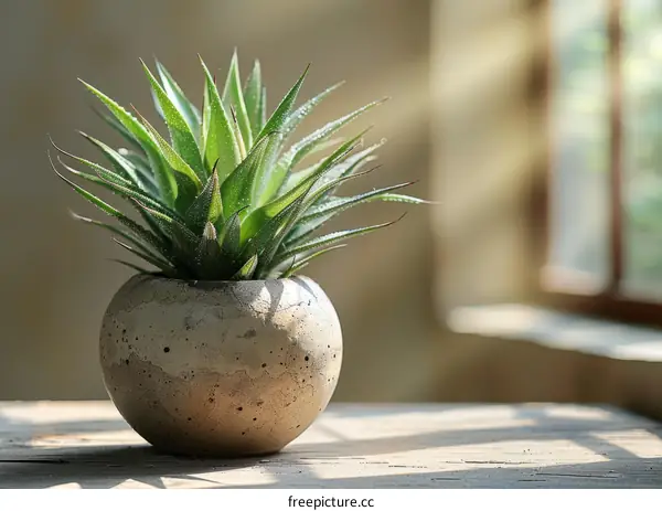 A small aloe vera plant in a concrete pot sits on a wooden table near a window.