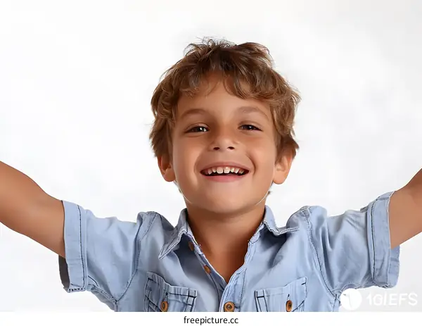 Portrait of a happy little boy with raised arms