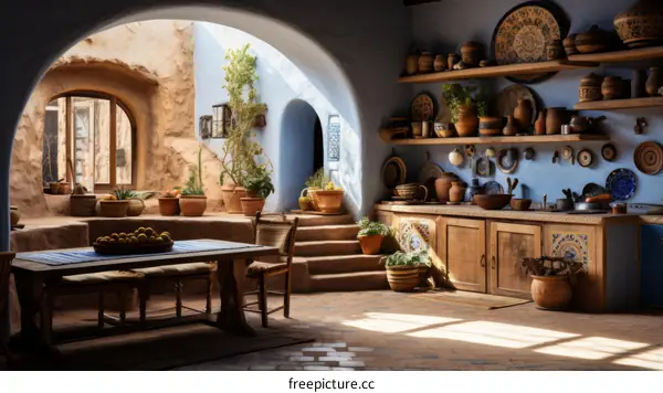 A beautiful Mediterranean style kitchen with a blue arched alcove, clay pots, and a wooden table.