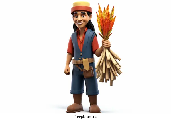 A cartoon character of a Native American man holding a bundle of wheat.