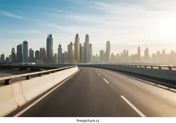 Modern city highway with tall buildings in the background