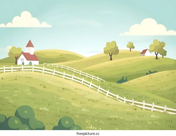 Green Rolling Hills Landscape with White Fence and Two Houses