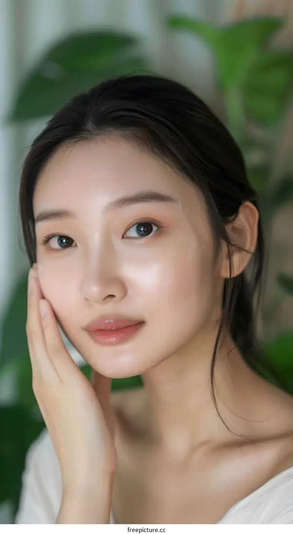 Closeup Portrait of Young Woman with Clean Skin and Natural Makeup