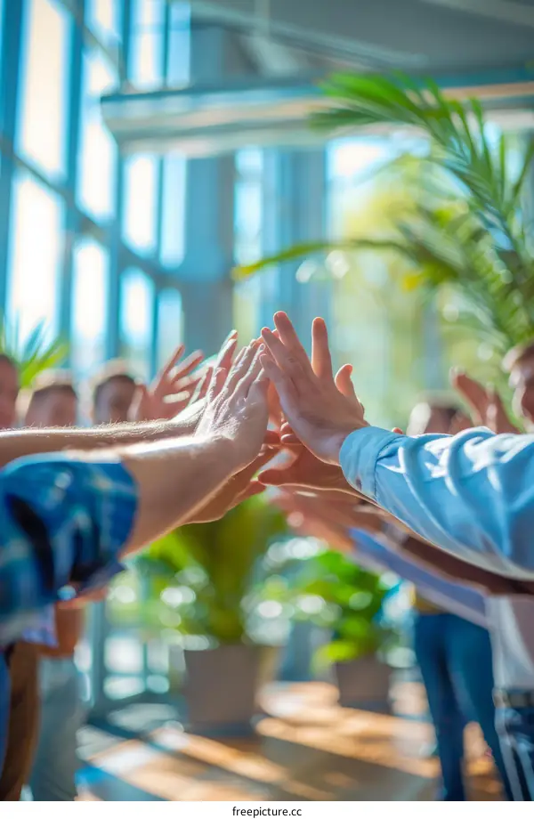 Business people joining their hands together in unity and teamwork.