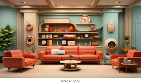 Retro Room Interior with Orange Couch and Blue Wall