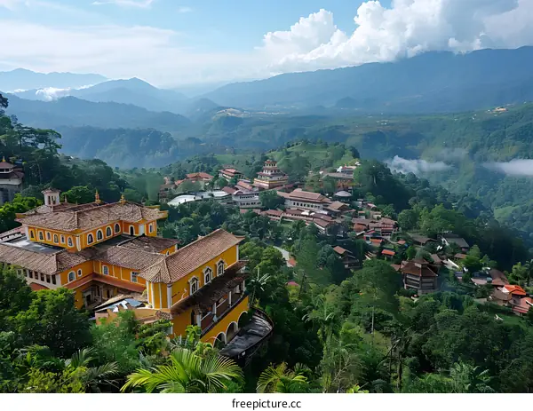 The magnificent view of a European-style building with a mountain backdrop