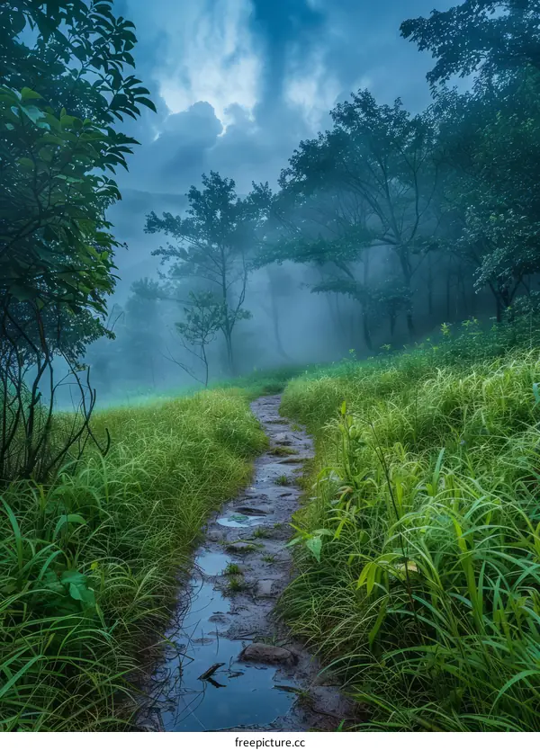 Misty forest path with vibrant green grass and blue sky