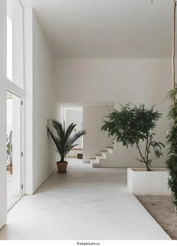 Minimalist White Interior Design with Plants and Stairs