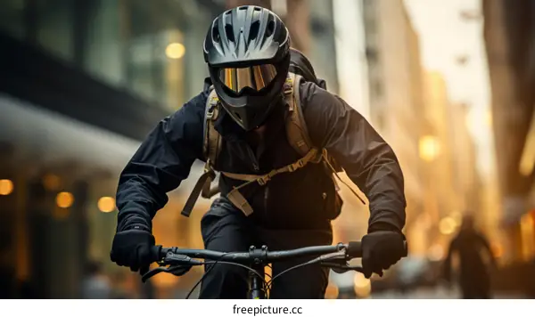 A cyclist rides his bike down a busy street