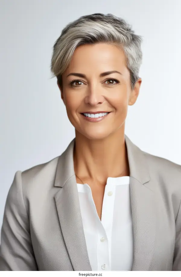 A professional headshot of a smiling woman with short gray hair wearing a white shirt and gray blazer
