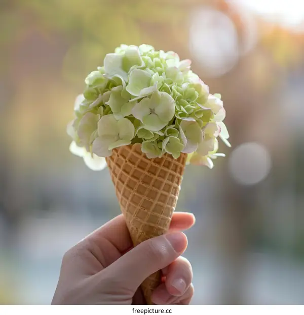 A hand holding an ice cream cone made of green and white flowers