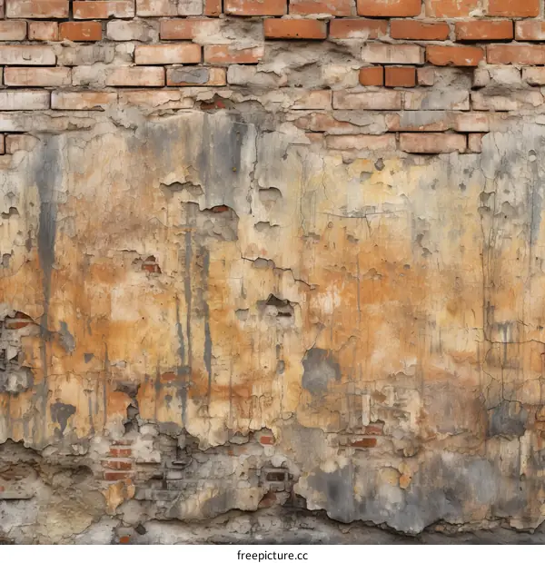 old weathered brick wall with peeling paint