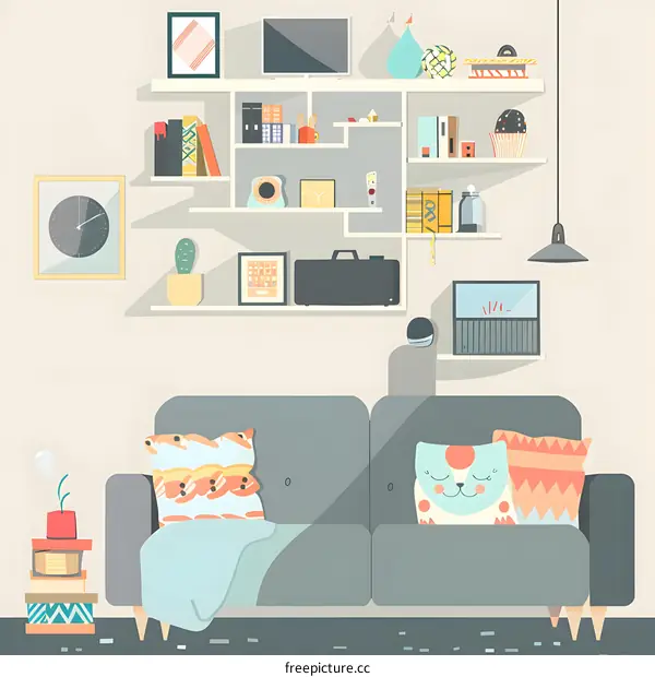 Modern Living Room Interior Design with Sofa and Bookshelf