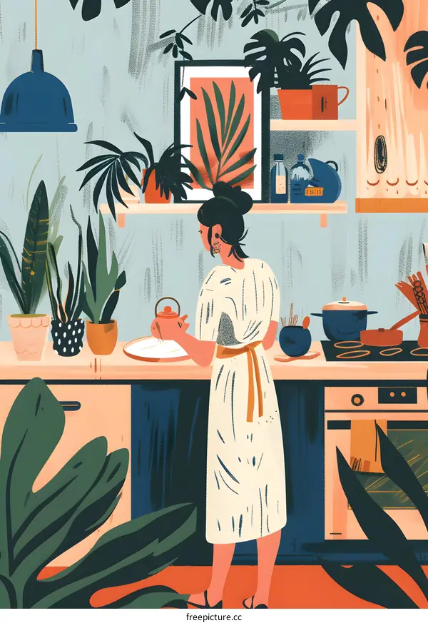 Woman Cooking in Modern Kitchen with Plants and Artwork