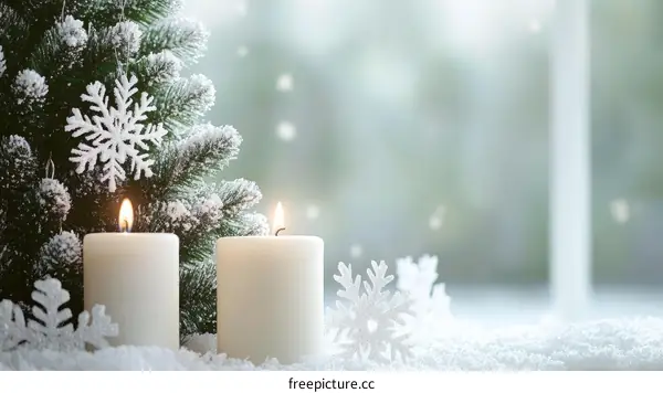 Winter Christmas Candles Snowflakes and Fir Tree
