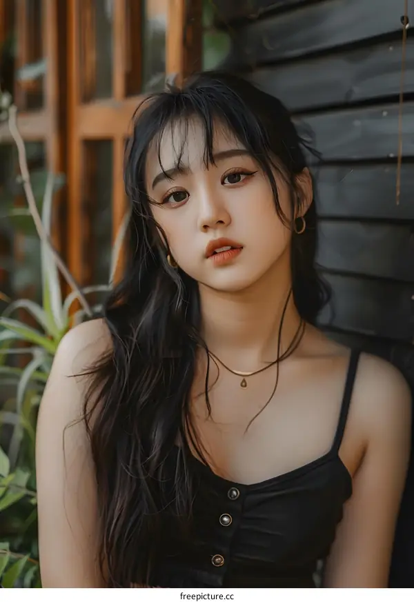 Young Asian Woman Wearing A Black Top Leaning Against A Wooden Wall