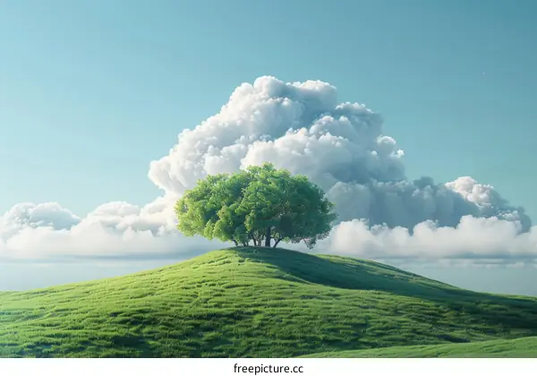 Serene Green Hillside and Blue Sky with White Clouds