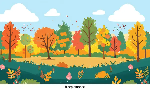 Autumn Landscape with Colorful Trees and Birds