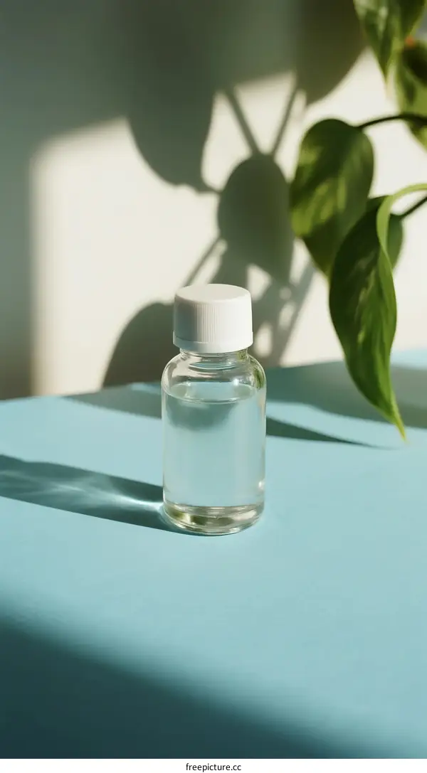 Clear glass bottle with liquid on blue table near green leaf