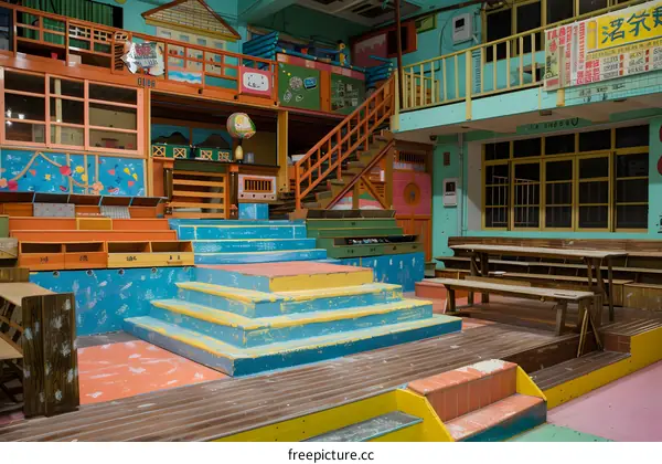 Colorful Wooden Play Structure With Steps And Benches