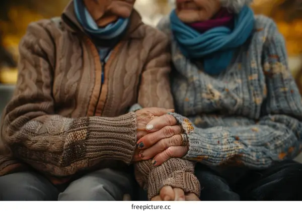 Elderly couple holding hands in park