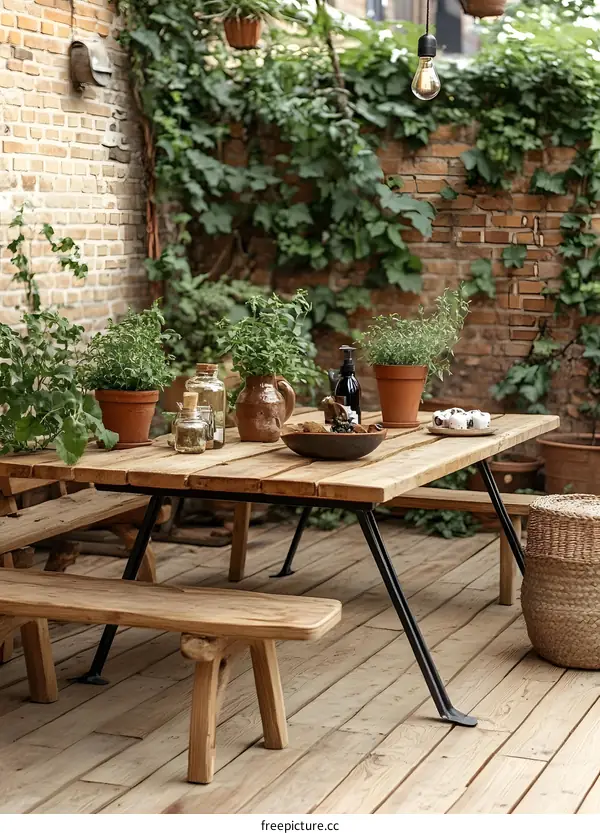 Rustic Wooden Patio Table and Benches with Plants