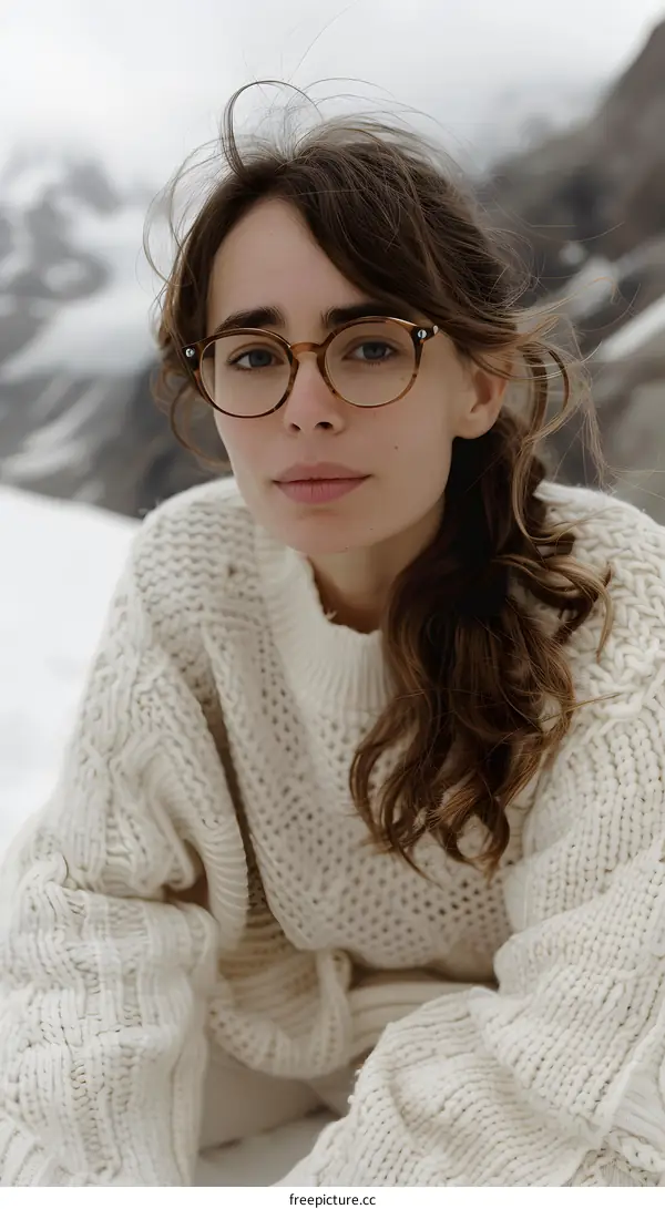 Woman in White Sweater Looking at Camera with Mountains in Background