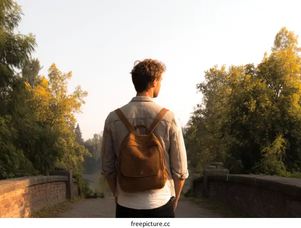 Man with Backpack Walking Through Park