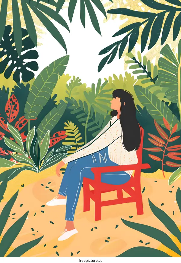 Woman Sitting on a Red Chair in a Jungle