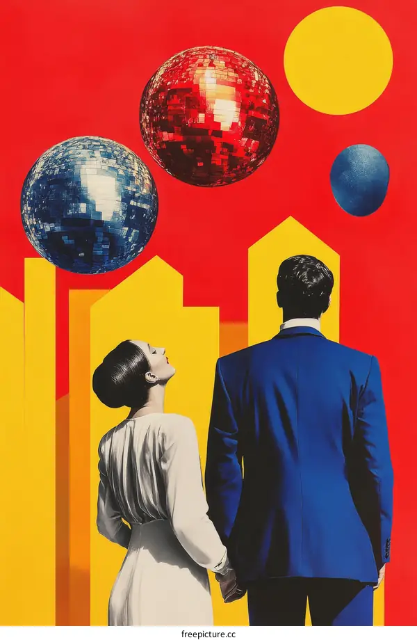 Couple Looking Up at Disco Balls in a Colorful Collage