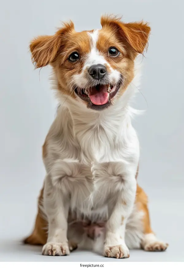 Cute Puppy Sitting With Tongue Out Smiling In Front Of Grey Background